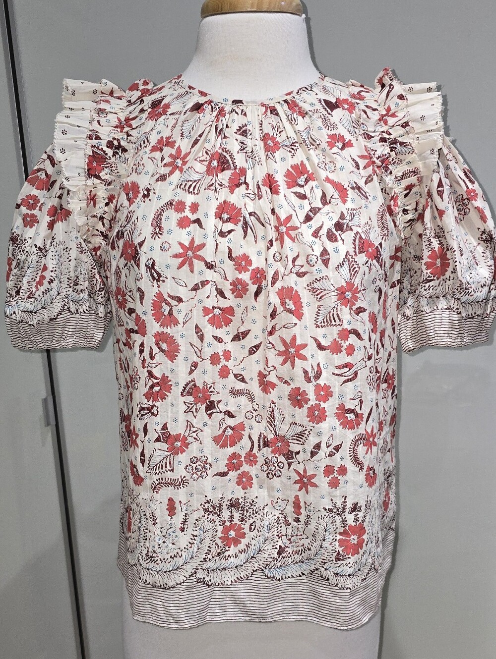 Ulla Johnson Arbor Ruffled Puff Sleeve Top Cream Floral Print Cotton Size 0 NWOT